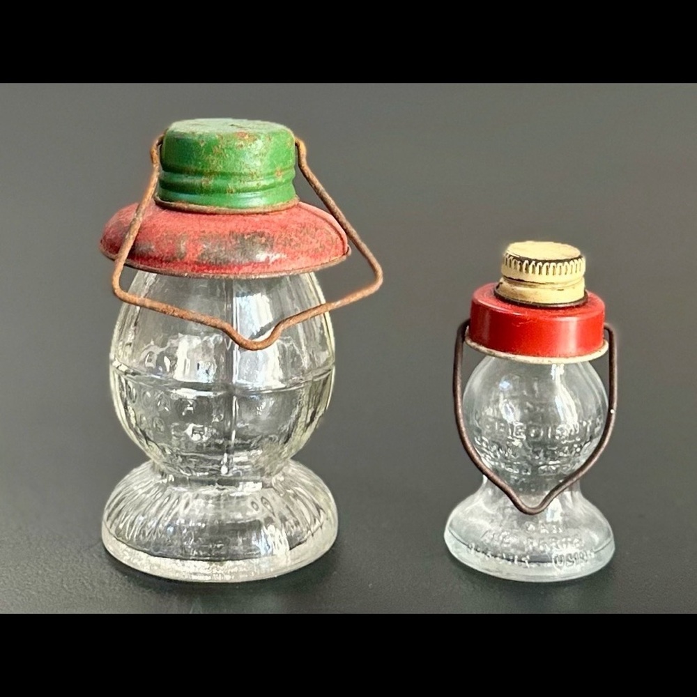 Vintage Glass Oil Lantern candy containers with Red and Green Accents